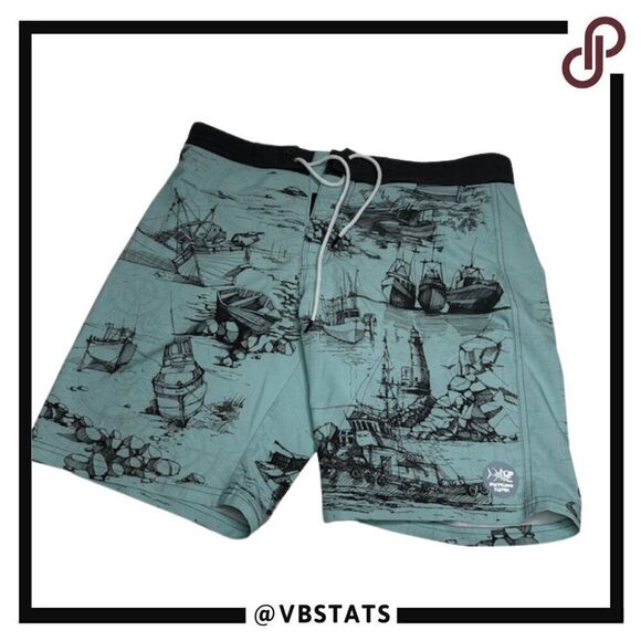 Psycho Tuna 32W x 9.5" IS Hybrid Shorts in Aqua Blue/Black Graphic Design - Picture 1 of 7